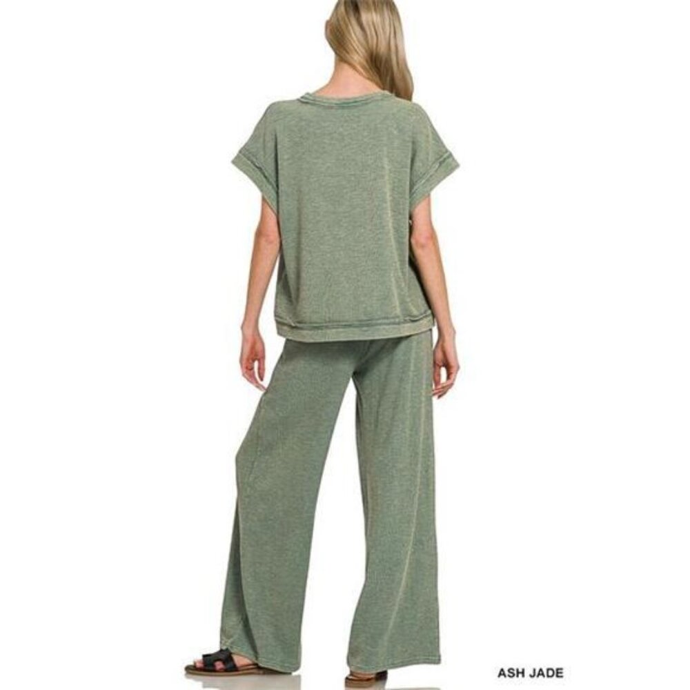 Zenana‎ Washed Slub Short Sleeve Tee & Long Pants Set - Picture 3 of 3
